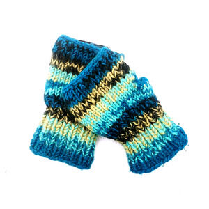 Lakhay's Blue Hand Warmers 100% Wool Fleece Lined Knit Nepal Fingerless Gloves